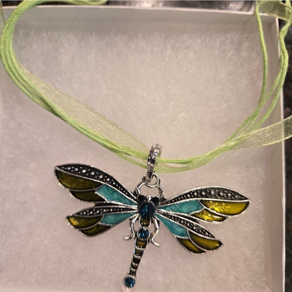 Dragonfly Pendant Necklace with Green Ribbon With Rhinestones